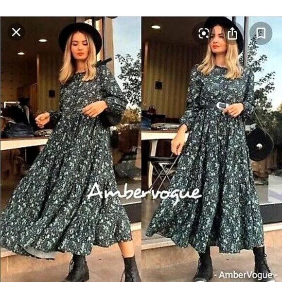 Zara Blogger Fave Angel Dress Maxi Tiered Smocked Size XS Green Black - Picture 2 of 11